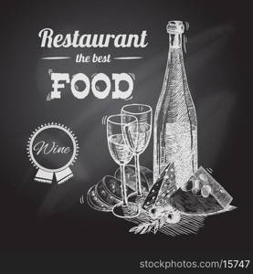Wine and cheese vintage sketch decorative hand drawn restaurant poster vector illustration.