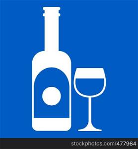 Wine and glass icon white isolated on blue background vector illustration. Wine and glass icon white