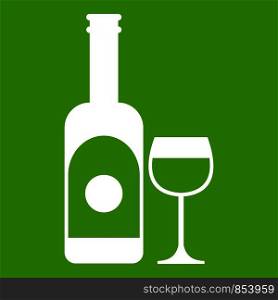 Wine and glass icon white isolated on green background. Vector illustration. Wine and glass icon green