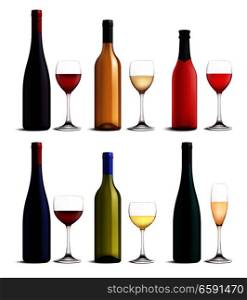 Wine and glass realistic set with red pinkand white wine isolated vector illustration. Wine And Glass Realistic Set