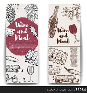 Wine and Meat banner template. Grilled steak, ribs, olives, wine, grape. Design elements for menu, flyer, poster. Vector illustration
