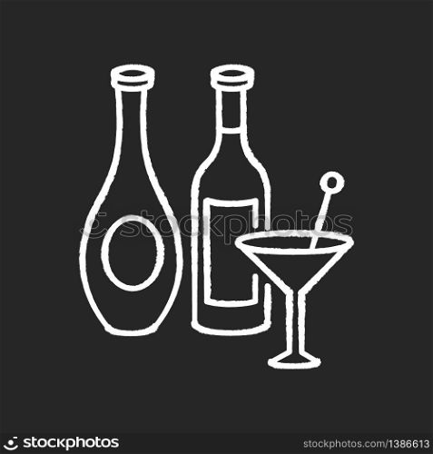 Wine and spirits chalk white icon on black background. Alcoholic beverages in bottles. Martini in glassware. Bar menu. Various drinks. Booze, refreshment. Isolated vector chalkboard illustration. Wine and spirits chalk white icon on black background
