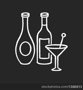 Wine and spirits chalk white icon on black background. Alcoholic beverages in bottles. Martini in glassware. Bar menu. Various drinks. Booze, refreshment. Isolated vector chalkboard illustration. Wine and spirits chalk white icon on black background