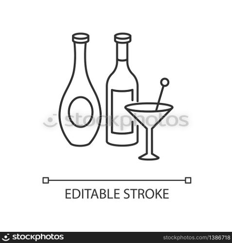 Wine and spirits pixel perfect linear icon. Alcoholic beverages in bottles. Martini in glassware. Thin line customizable illustration. Contour symbol. Vector isolated outline drawing. Editable stroke. Wine and spirits pixel perfect linear icon