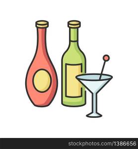 Wine and spirits RGB color icon. Alcoholic beverages in bottles. Martini in glassware. Bar menu. Various drinks. Booze, refreshment. Premium whiskey. Cocktail in glass. Isolated vector illustration. Wine and spirits RGB color icon