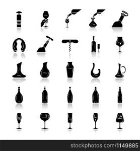 Wine and wineglasses drop shadow black glyph icons set. Different types of glassware and alcohol beverages. Decanters, bottles, barman tools. Aperitif drinks, cocktails. Isolated vector illustrations