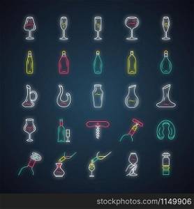 Wine and wineglasses neon light icons set. Different types of bar glassware and alcohol beverages. Decanters, bottles, barman tools. Glowing signs. Vector isolated illustrations