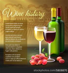 Wine background with realistic bottles glasses and grape branch vector illustration. Wine Realistic Background
