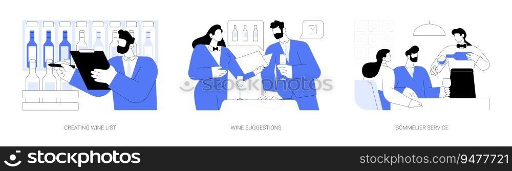 Wine bar abstract concept vector illustration set. Creating wine list, restaurant sommelier suggestions, alcohol bottles and glasses, clients service, vintage beverage abstract metaphor.. Wine bar abstract concept vector illustrations.