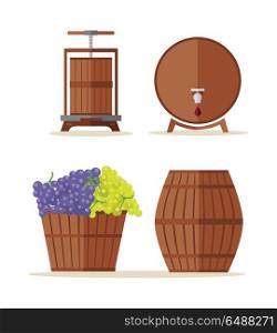 Wine barrels set. Basket with grape.. Wine barrels set. Collection of tuns, buts, containers, octaves. Wooden wine casks. Basket with grapes. Check elite vintage strong wine. Part of series of viniculture production items. Vector