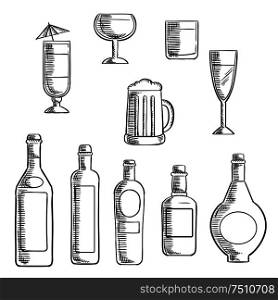 Wine, beer, whiskey, vodka and liquor bottles with filled glasses and mixed cocktail. Sketch icons set for food and drinks themes design . Bottles and glasses of alcohol beverages sketch