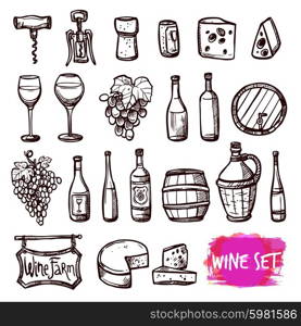 Wine black doodle icons set. Winery farm black doodle pictograms collection for restaurant wine consumption with cheese chasers abstract vector isolated illustration