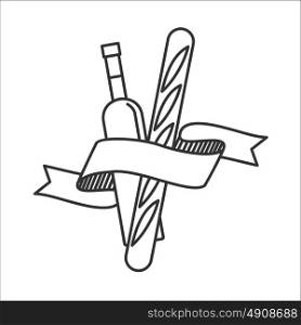 Wine bottle and a French baguette. Vector icon. Isolated on a white background.