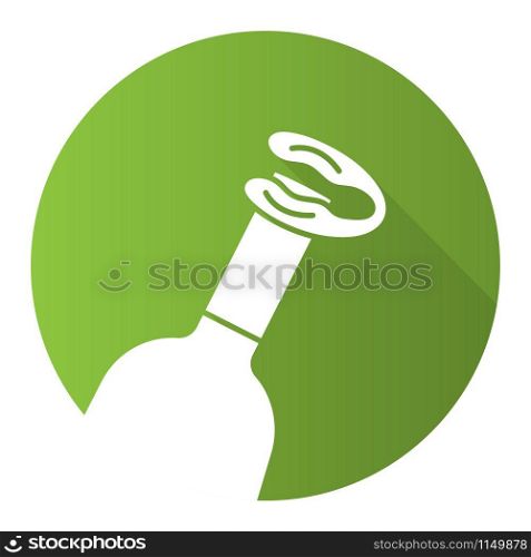 Wine bottle and foil cutter green flat design long shadow glyph icon. Sommelier and barman device. Removal tool, bar and restaurant kitchen utensil. Vector silhouette illustration