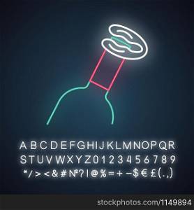 Wine bottle and foil cutter neon light icon. Aperitif drink. Sommelier and barman device. Removal tool, kitchen utensil. Glowing sign with alphabet, numbers and symbols. Vector isolated illustration