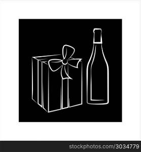 Wine Bottle And Gift Pack Vector Art Illustration. Wine Bottle And Gift Pack