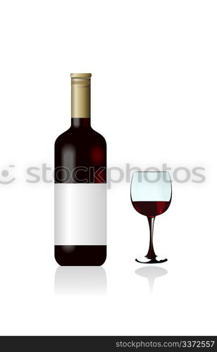Wine bottle and glass are isolated on white background. Vector