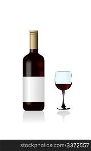 Wine bottle and glass are isolated on white background. Vector