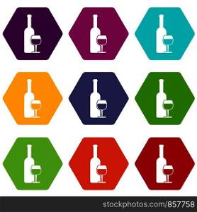 Wine bottle and glass icon set many color hexahedron isolated on white vector illustration. Wine bottle and glass icon set color hexahedron