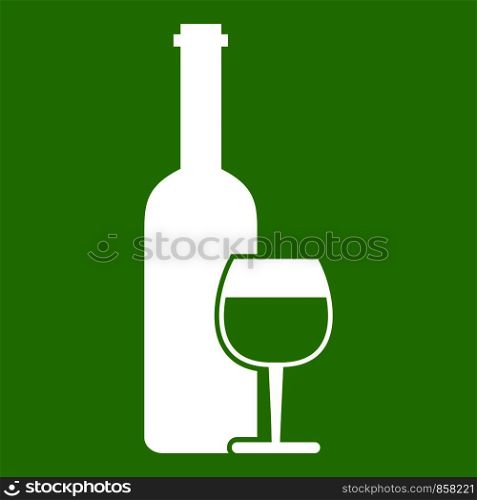 Wine bottle and glass icon white isolated on green background. Vector illustration. Wine bottle and glass icon green