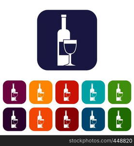 Wine bottle and glass icons set vector illustration in flat style In colors red, blue, green and other. Wine bottle and glass icons set flat