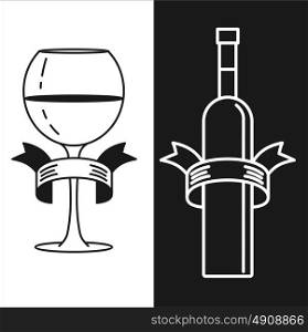 Wine bottle and glass on white and black background.