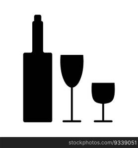 Wine, bottle and glasses, icon vector. Black bottle and glasses.