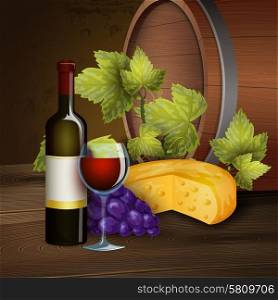 Wine bottle and oak barrel background. Red wine bottle glass with cheese and grapevine element on dark background decorative poster abstract vector illustration