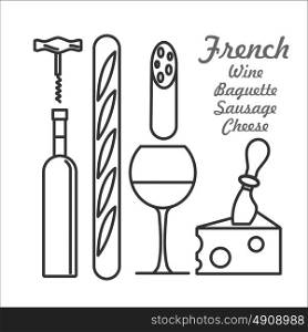 Wine bottle, French baguette, cheese, sausage, corkscrew. Isolated on a white background. Set of vector icons.