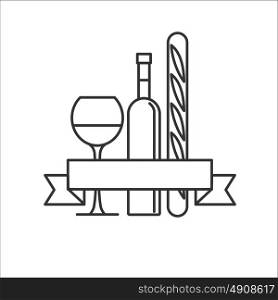 Wine bottle, glass and French baguette.Isolated on a white background. Vector icon.