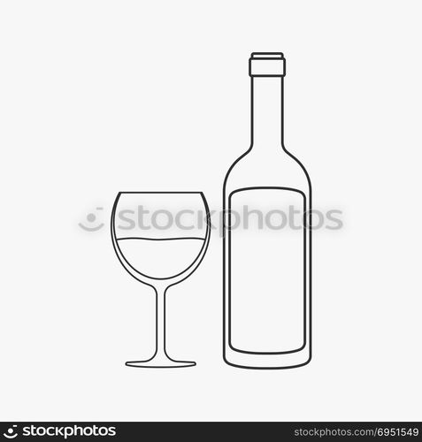 Wine bottle & glass flat black outline design icon.