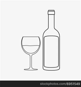 Wine bottle & glass flat black outline design icon.