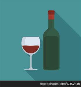 Wine bottle & glass flat long shadow design icon.