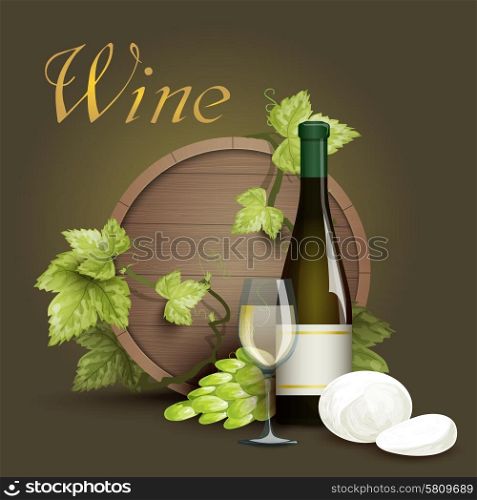 Wine bottle glass with oak barrel and grapevine element on dark background decorative poster abstract vector illustration. Wine bottle and oak barrel background