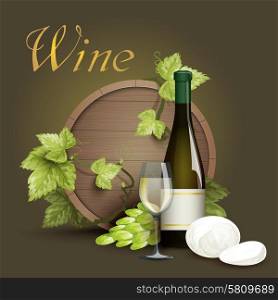 Wine bottle glass with oak barrel and grapevine element on dark background decorative poster abstract vector illustration. Wine bottle and oak barrel background