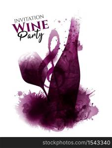 Wine bottle illustration, wine glass and music symbol. Artistic illustration with red wine stains in the background. Poster, cover, ad, flyer, presentation, invitation. Idea for events, wine parties and music. Vector drawing