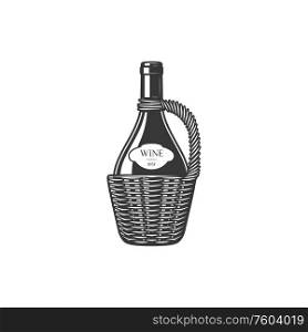 Wine bottle in basket, isolated winemaking and winery shop monochrome logo. Vector alcohol from grapes. Winery and wine shop, bottle in retro holder
