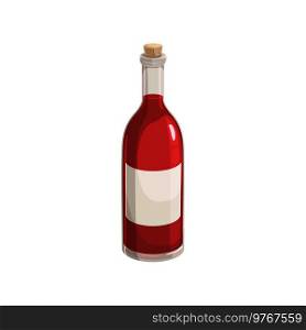 Wine bottle isolated vector icon, glass flask with red liquid, empty label and corkwood bung on white background. Alcohol drink cartoon element for design. Wine bottle isolated vector icon, glass flask