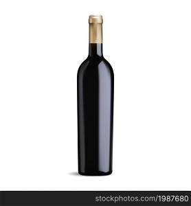 Wine bottle vector mockup. Red wine black glass bottle, bno label for design, 3d illusration. Cabernet or merlot drink, unopened winery product. Luxury and elegant burgundy vine. Wine bottle vector mockup. Red wine black glass bottle