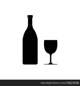 Wine bottle with glass cup. Icon of alcohol. Black silhouette of wineglass and bottle of champagne, bordeaux, cabernet, chardonnay, liquor, vodka and sauvignon. Isolated symbol of restaurant. Vector.. Wine bottle with glass cup. Icon of alcohol. Black silhouette of wineglass and bottle of champagne, bordeaux, cabernet, chardonnay, liquor, vodka and sauvignon. Isolated symbol of restaurant. Vector