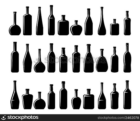 Wine bottles and beer bottles silhouettes. Alcohol glass, beverage and liquid, container collection. Vector illustration. Wine and beer bottles silhouettes