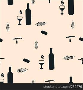 Wine bottles and wine glasses black silhouette on beige background seamless pattern. illustration.. Wine bottles and wine glasses black silhouette on beige background seamless pattern