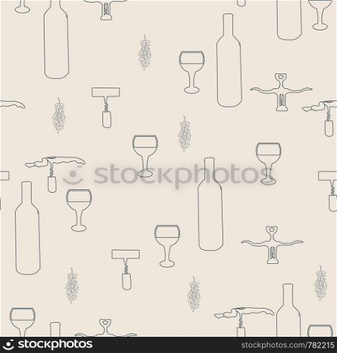 Wine bottles and wine glasses black silhouette on pink background seamless pattern. illustration.. Wine bottles and wine glasses black silhouette on pink background seamless pattern