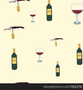 Wine bottles, glasses and corkscrews on beige background seamless pattern. illustration.. Wine bottles, glasses and corkscrews on beige background seamless pattern