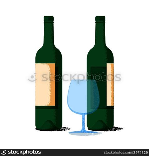 Wine bottles pair and glass flat icons with retro grainy gradient