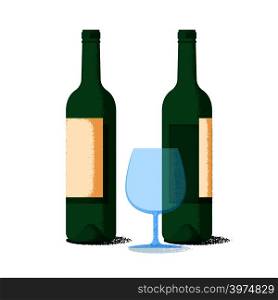 Wine bottles pair and glass flat icons with retro grainy gradient