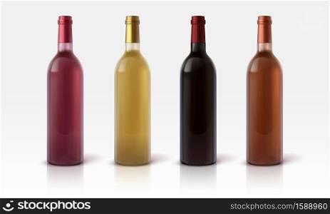 Wine bottles. Realistic mockup of glass container for alcoholic beverages, 3D green red and yellow grape juice drinks. Blank vessel for branding, product advertising template, vector isolated set. Wine bottles. 3D green red and yellow grape drinks. Realistic mockup of glass container for alcoholic beverages. Vessel for branding, product advertising template, vector isolated set
