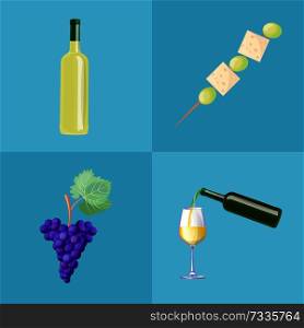 Wine bottles, ripe grapes and tasty canape of cheese cubes and olives. Wine production ingredient and delicious small snack vector illustrations set.. Wine Bottles, Ripe Grapes and Tasty Canape Set