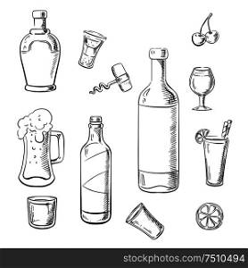 Wine bottles, whiskey, liquor, beer and cocktails with lemons, cherries and corkscrew. Sketch icons for food and drinks design. Alcohol drinks, wine bottles and cocktails