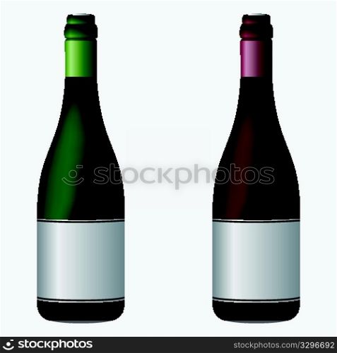 wine bottles with empty labels against white background, abstract vector art illustration
